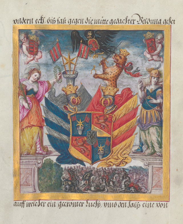 The enhanced coat of arms in the imperial document for knight Hans Werner Escher von Binningen, 1635. (Image: ZB Zürich, cert. FA Escher 3)