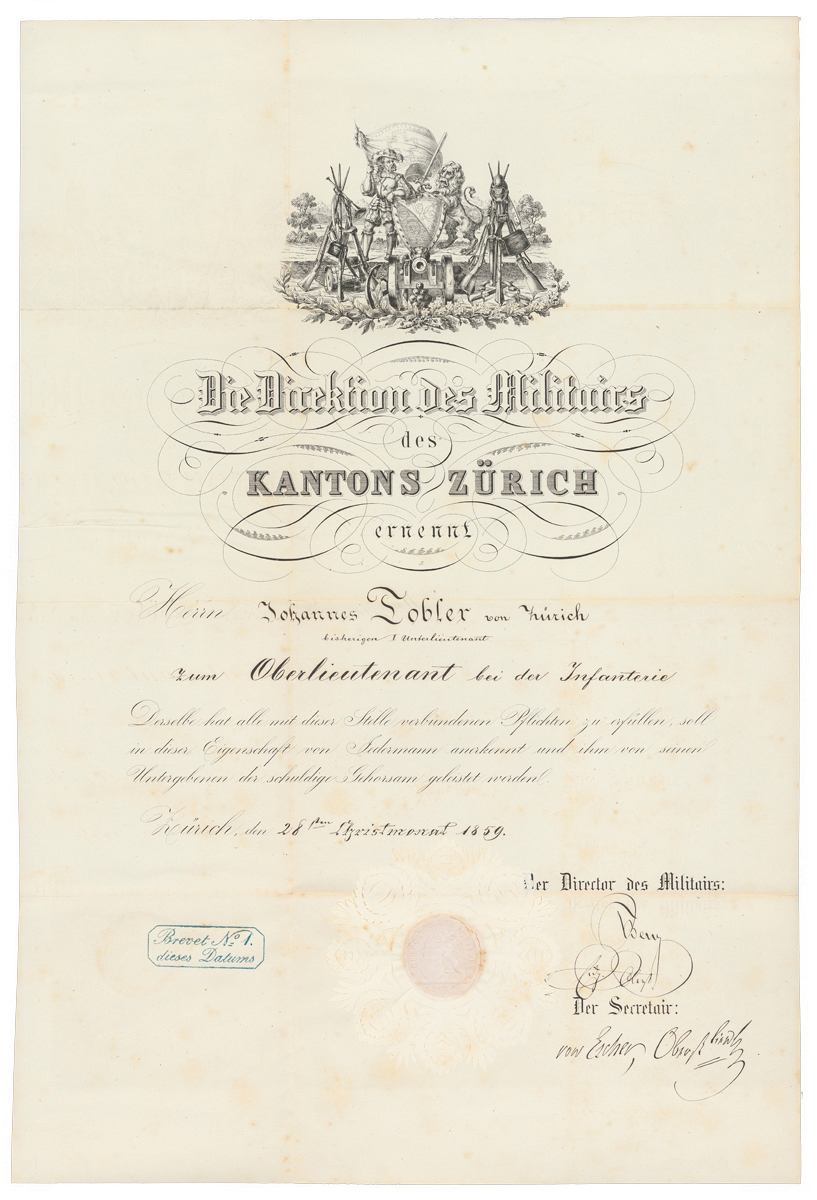 Appointment of the farmer Johannes Tobler as first lieutenant in the infantry, 1859. (Image: ZB Zürich, FA Tobler 2113)