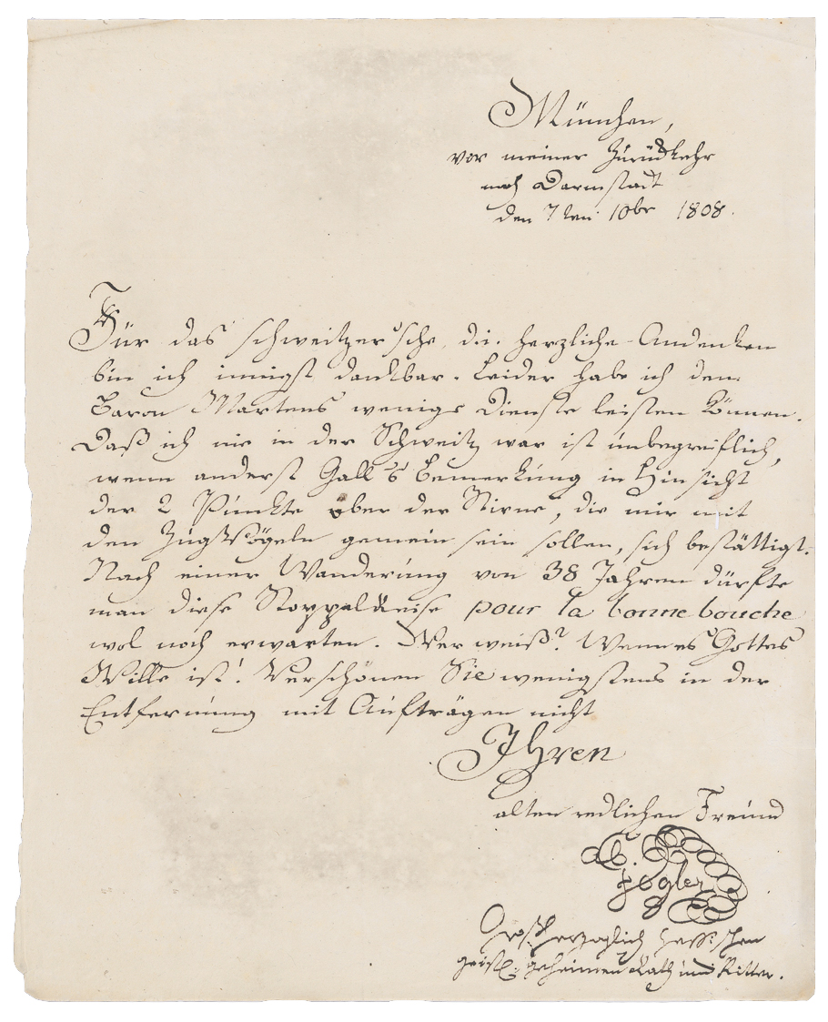 Sorgfältig kalligrafierte Abt Vogler aus München 1808 seinen Brief an David Hess in Zürich. <br>(Bild: ZB Zürich, FA David Hess 41)
