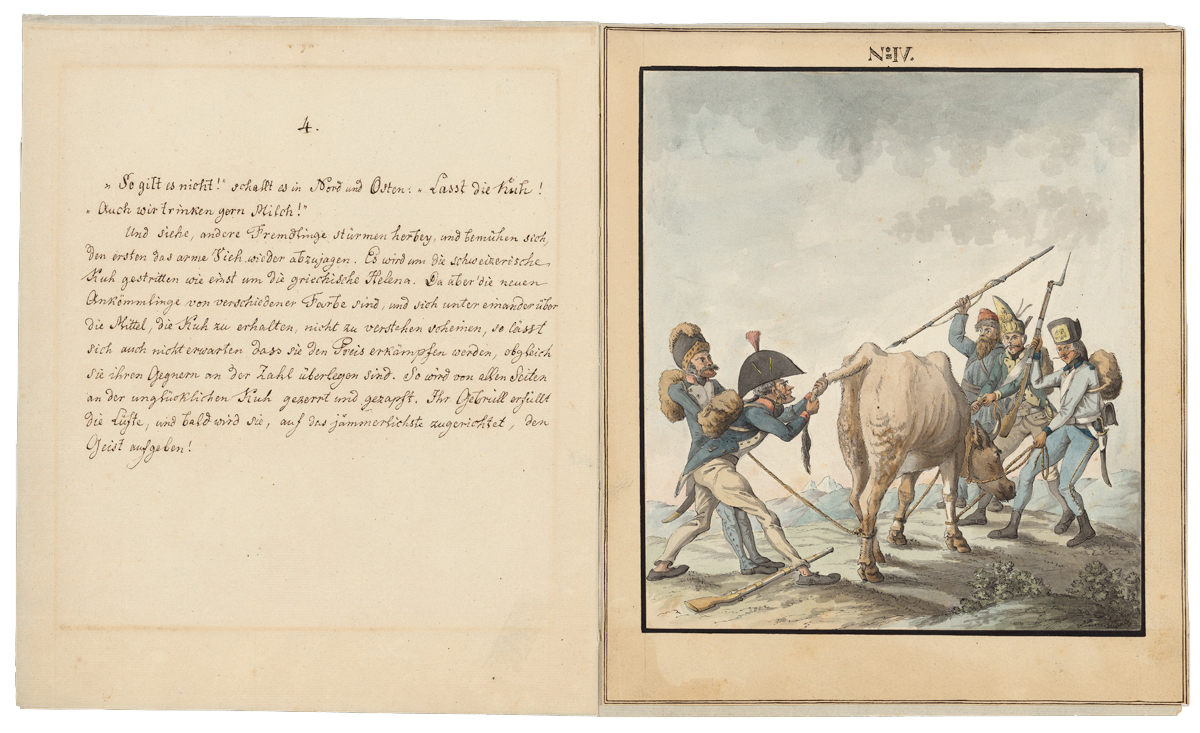 Aus der «Geschichte einer Schweizer Kuh und ihres Kälbleins» von David Hess, 1789/99. <br>(Bild: ZB Zürich, FA David Hess 72.4)