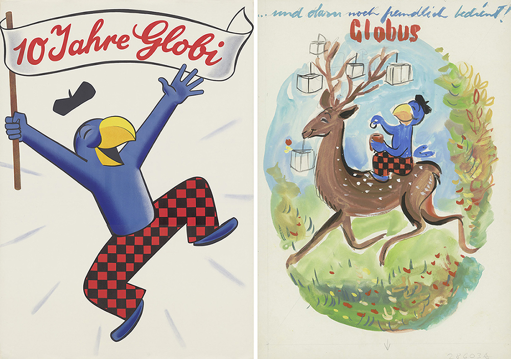 Links ein Plakat zu Globis 10-jährigem Jubiläum von 1942; rechts der Entwurf für ein Werbeplakat, <br>um 1950. (Bilder: Erben J.K. Schiele / ZB Zürich) 