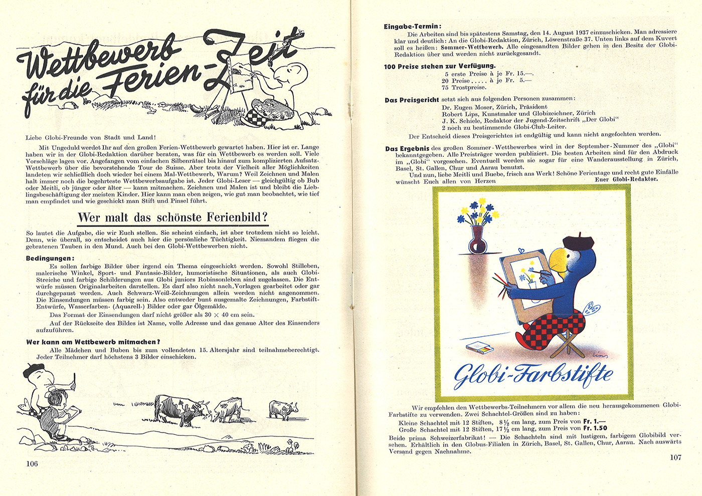 Die Ausschreibung zum Wettbewerb «Wer mal das schönste Ferienbild?», 1937. <br> (Bild: Erben J.K. Schiele / ZB Zürich)