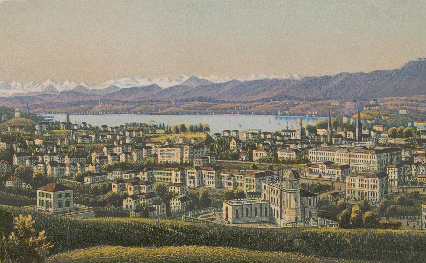 Ansicht von Zürich, im Vordergrund die Eidgenössische Sternwarte, Aquatinta von Johann-Rudolf Dikenmann, nach 1862