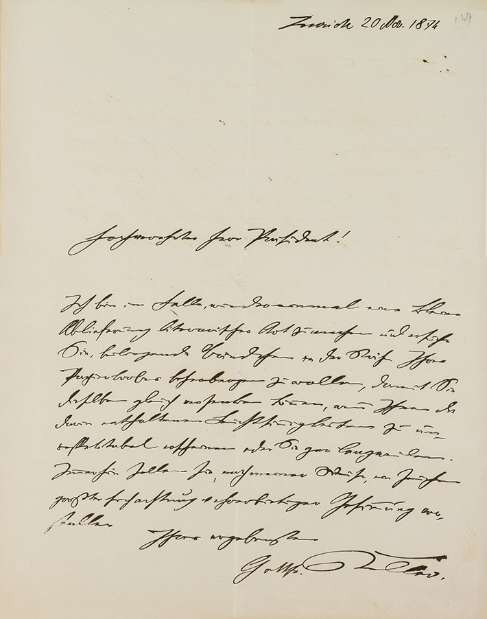 Brief von Gottfried Keller an Alfred Escher, Zürich, 20.11.1874