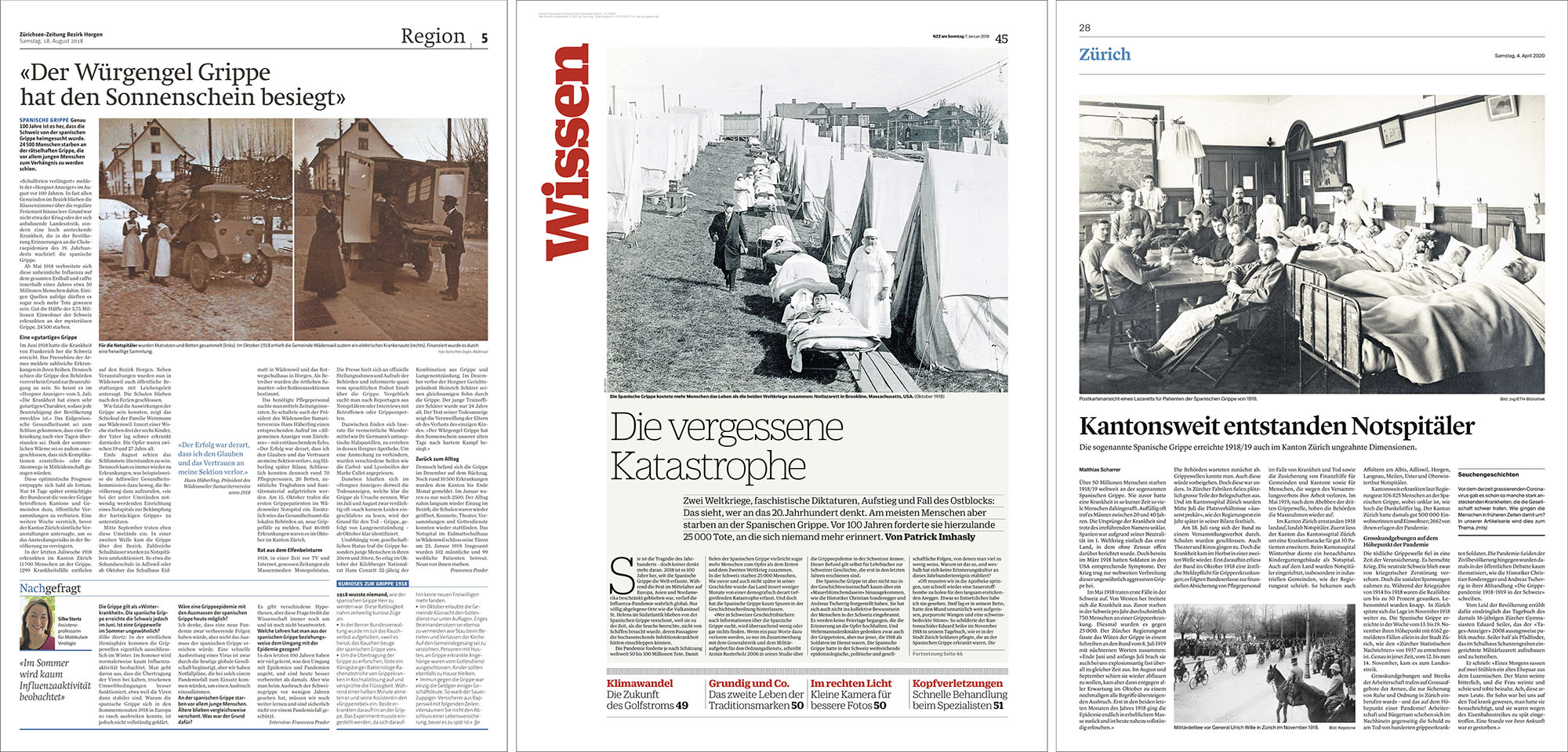 Links: «Zürichsee-Zeitung Bezirk Horgen» vom 18. August 2018; Mitte: «NZZ am Sonntag» vom 7. Januar 2018; <br>rechts: «Limmattaler Zeitung» vom 4. April 2020. (Bilder: ZB Zürich)