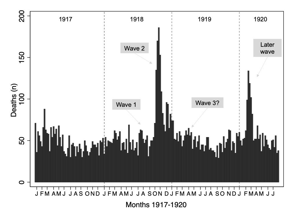 Weekly deaths in city of Zurich, 1917 to 1920. The graphic shows the well-known flu waves 1 to 3; it is unclear whether the third wave was a standalone wave. In addition, there was a powerful late wave in 1920. (Image: Joël Floris, Oliver Grübner, Maryam Kordi-Kaiser, Wibke Weber, Kaspar Staub. LEAD – LEssons from the pAst: Digitised historical health data in Switzerland. leaddata.ch)