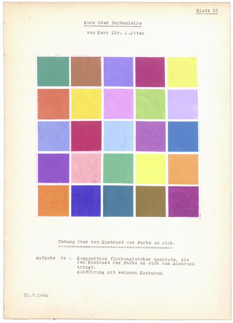 Johannes Itten, Übung zum Farbe-an-sich-Kontrast, Farbkurs Wattwil 1940