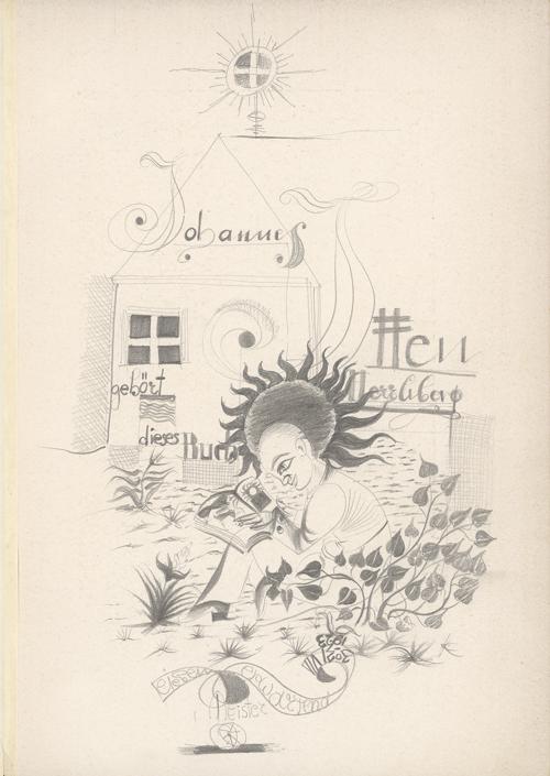 Zeichnung von Johannes Itten auf dem Vorsatzblatt des Buches: Herbert Kühn, Die Kunst der Primitiven, München 1923; Itten-Bibliothek, Itten 259