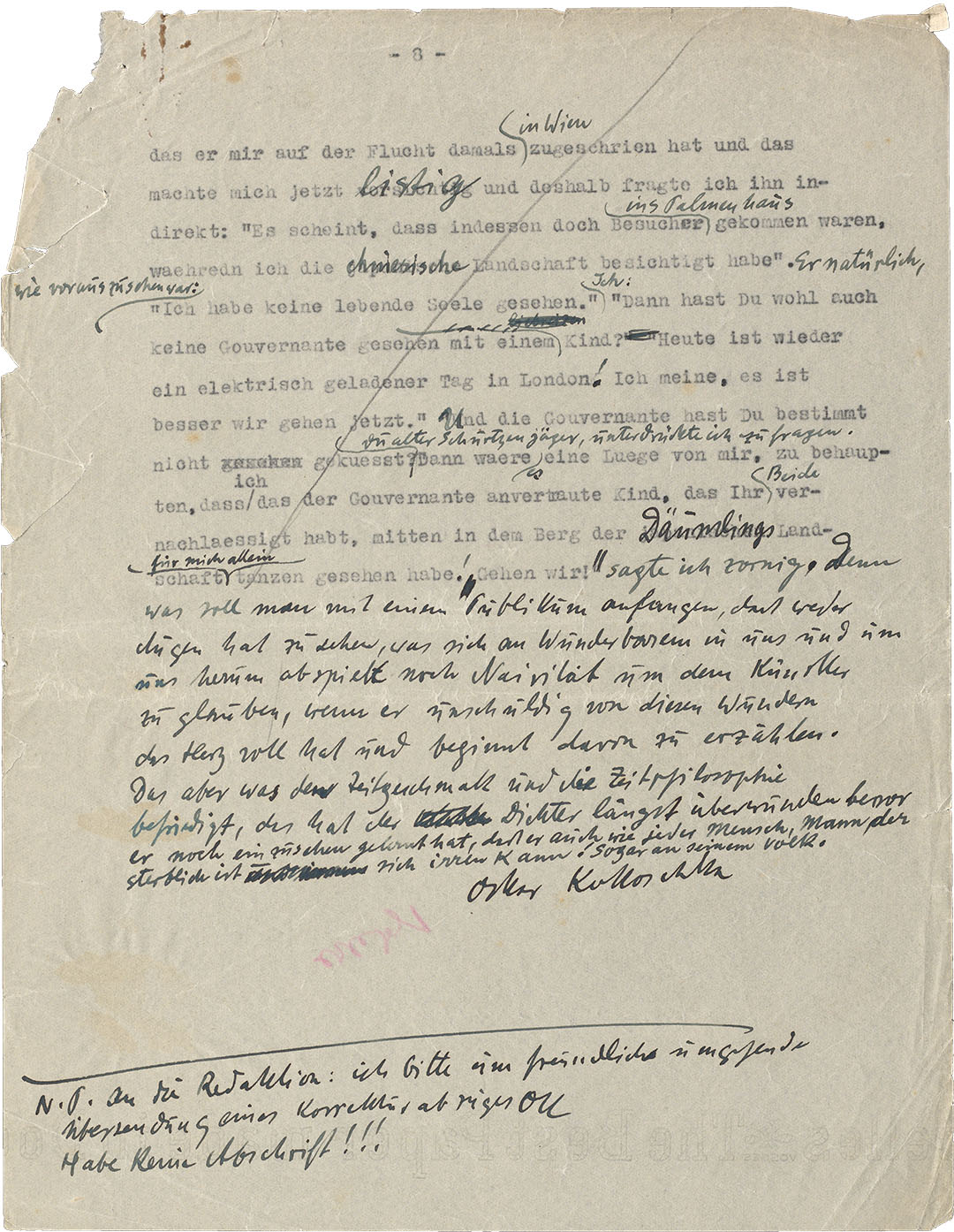 This manuscript in Kokoschka’s own hand of his “Life Story” (1933) was reacquired by Olda Kokoschka at an auction in around 1981 (ZBZ, estate of O. Kokoschka 5a)