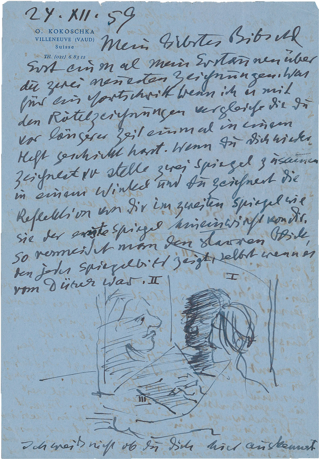 Kokoschka versah Briefe an seine Familie und seine Freunde oft mit witzigen Zeichnungen. Hier erklärt er seiner Schwester Berta (Bibschl) Patocka den Trick mit zwei Spiegeln für ein gelungenes Selbstporträt. Dezember 1959 (ZBZ, Nachl. O. Kokoschka 24.8)