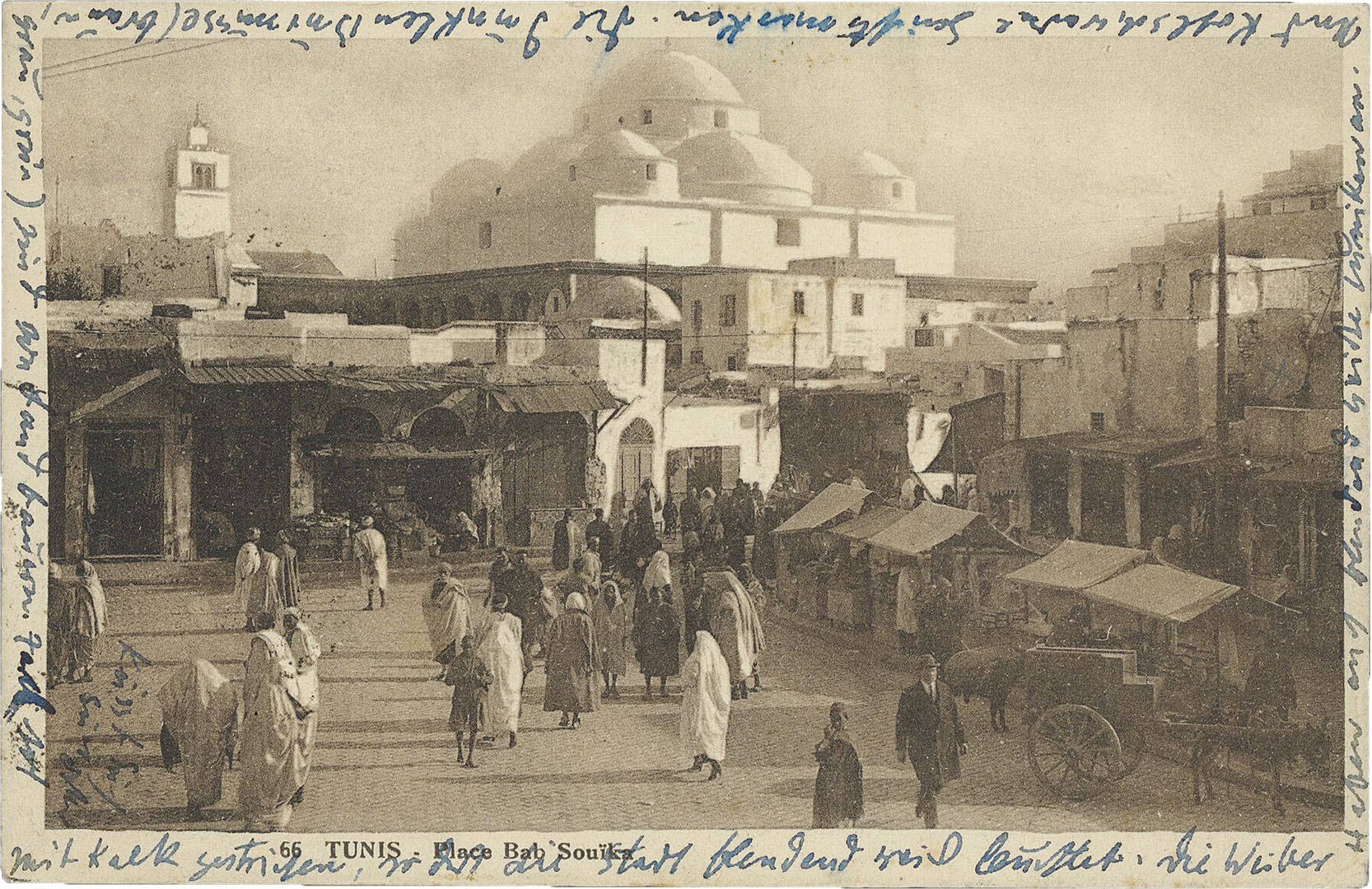 Eine der über 590 Reisepostkarten von Oskar Kokoschka. Er markierte seinen Malplatz in Tunis rechts aussen: «Ich male auf dem Dach, wo ein Zeichen darauf ist.» 10. Januar 1928 (ZBZ, Nachl. O. Kokoschka 205.1.7)