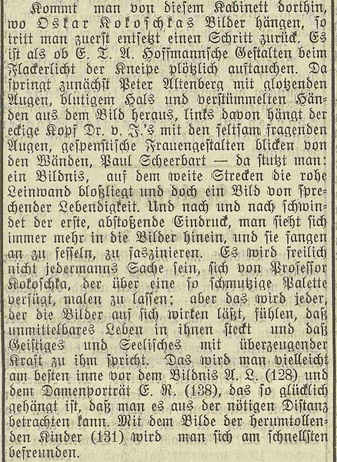 «Nach und nach schwindet der erste, abstossende Eindruck [...]»: Kritik in der «Züricher Post» vom 30. Mai 1913 zu Oskar Kokoschkas Porträts im Kunsthaus (ZBZ)