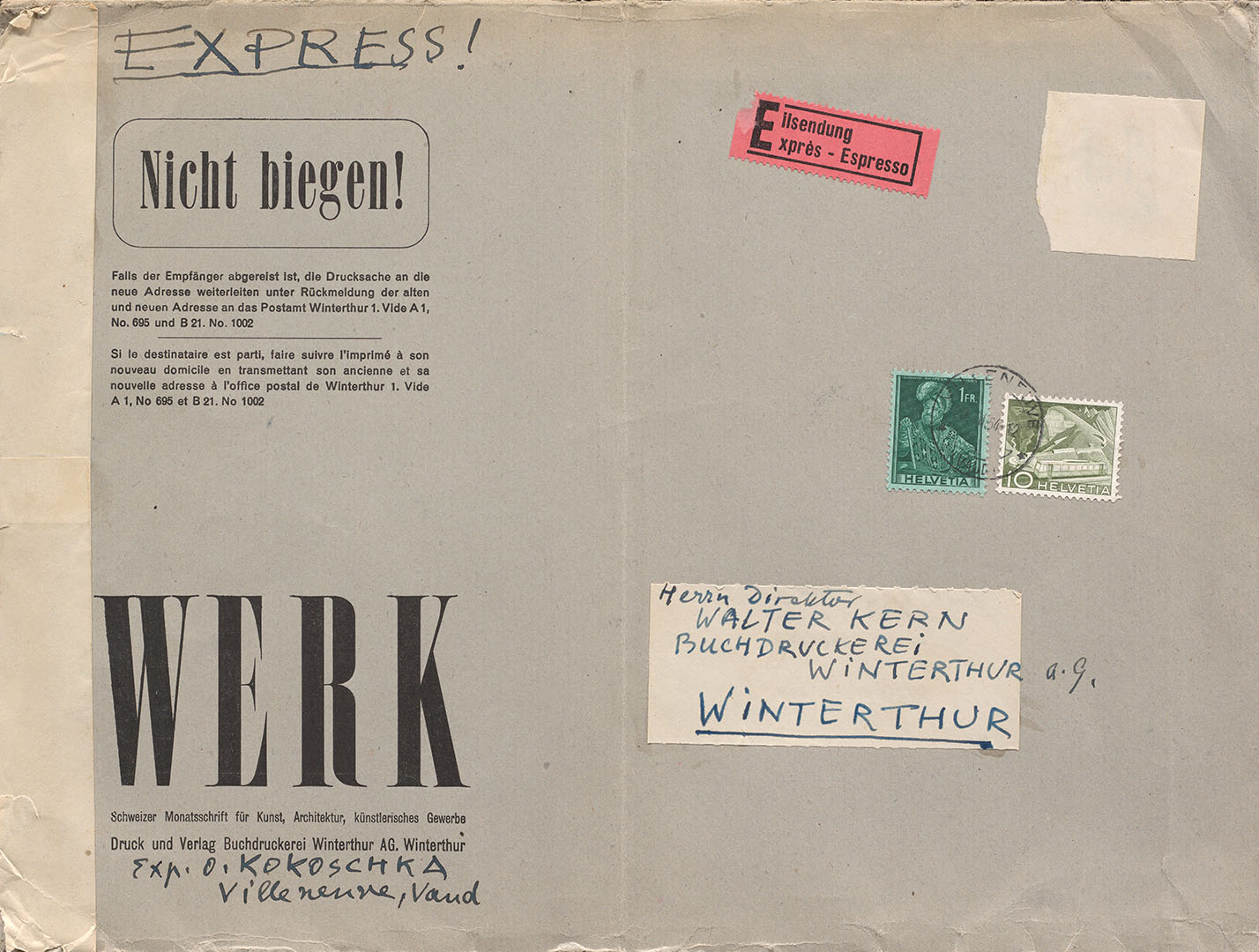 Im Austausch mit Zürcher Kunstfreunden: von Kokoschka umadressierter Briefumschlag an den Verleger Walter Kern (1898-1966) in Winterthur, 1954 (ZBZ, Nachl. O. Kokoschka 275.1)