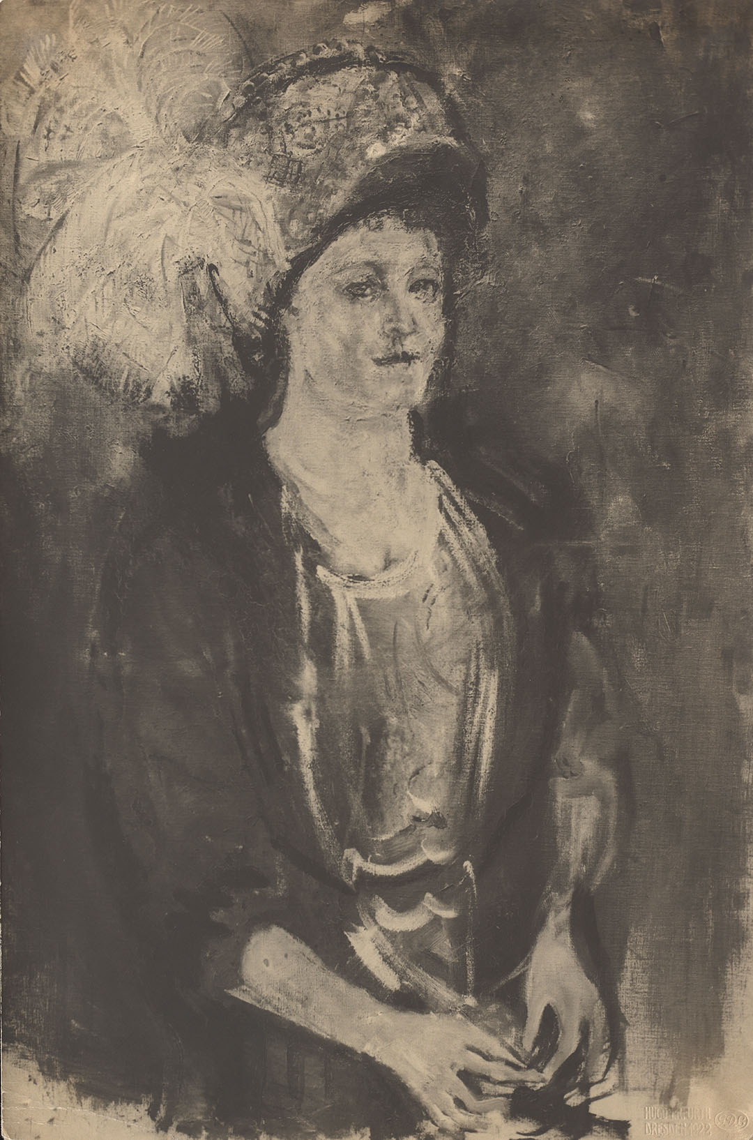Shortly before or after his trip to Switzerland in 1910, Kokoschka embarked on his “Woman with a Feather Hat”. This photograph from the documentation on the work shows the portrait, which was reworked in around 1922, in an earlier state (ZBZ, estate of O. Kokoschka 802 / image: © Fondation Oskar Kokoschka / 2021, ProLitteris)