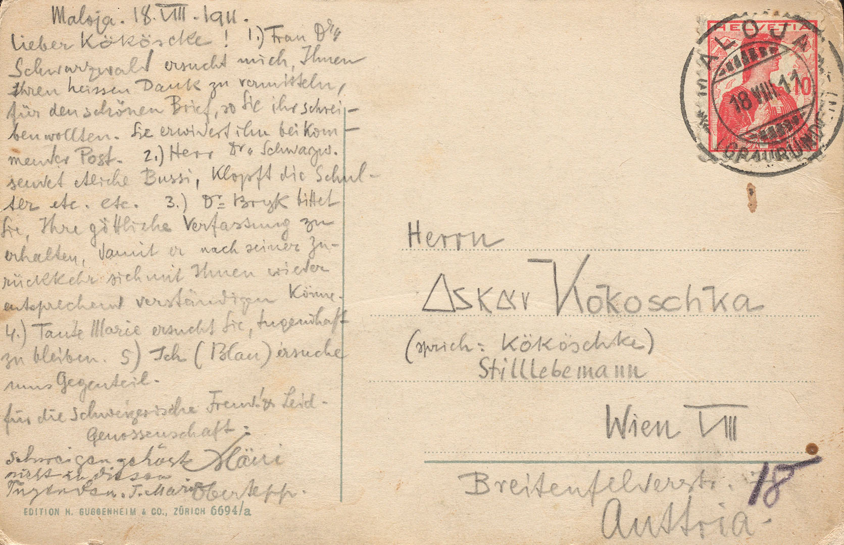 Greetings card from the “Schweizerische Freud- & Leidgenossenschaft” to “Kököschke Stilllebemann” in Vienna, 1911 (ZBZ, estate of O. Kokoschka 482.37)