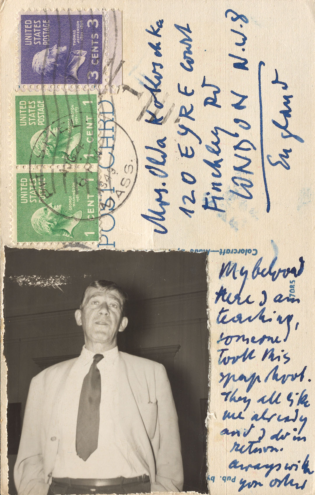 Eine Postkarte vom 4. August 1949 an seine Ehefrau Olda in London zeigt Kokoschka beim Unterrichten in Pittsfield, USA (ZBZ, Nachl. O. Kokoschka 251.3 / Fotograf unbekannt)
