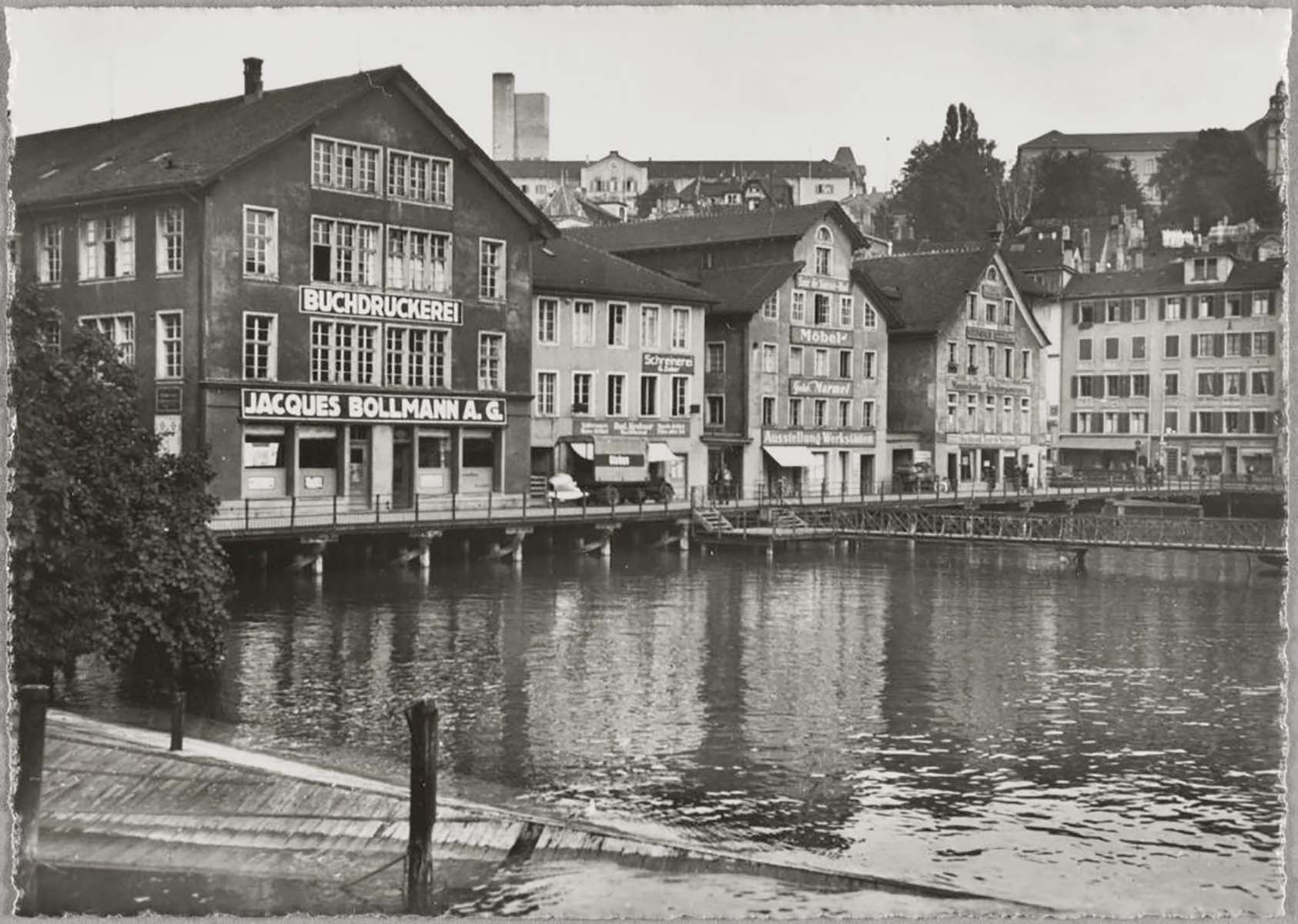 Buchdruckerei Jacques Bollmann AG, Unterer Mühlesteg, um 1930<br /> (Bild: ETH-Bibliothek Zürich, Bildarchiv / Fotograf: Unbekannt  / Ans_15214 / Public Domain Mark)