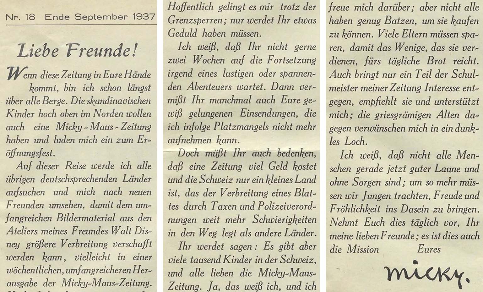 Mickey’s farewell letter in the final issue of the «Micky Maus Zeitung», September 1937 (image: Micky-Maus-Verlag Bollmann)