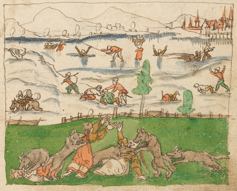 Nicht fröhlichen Wintersport während einer Seegfrörni hielt der Illustrator fest, sondern Tod und Elend nach starkem Schneefall. 1571 ging als «Hungerjahr» in die Chroniken ein. (Bild: ZB Zürich, Ms. F 19, f. 191v)