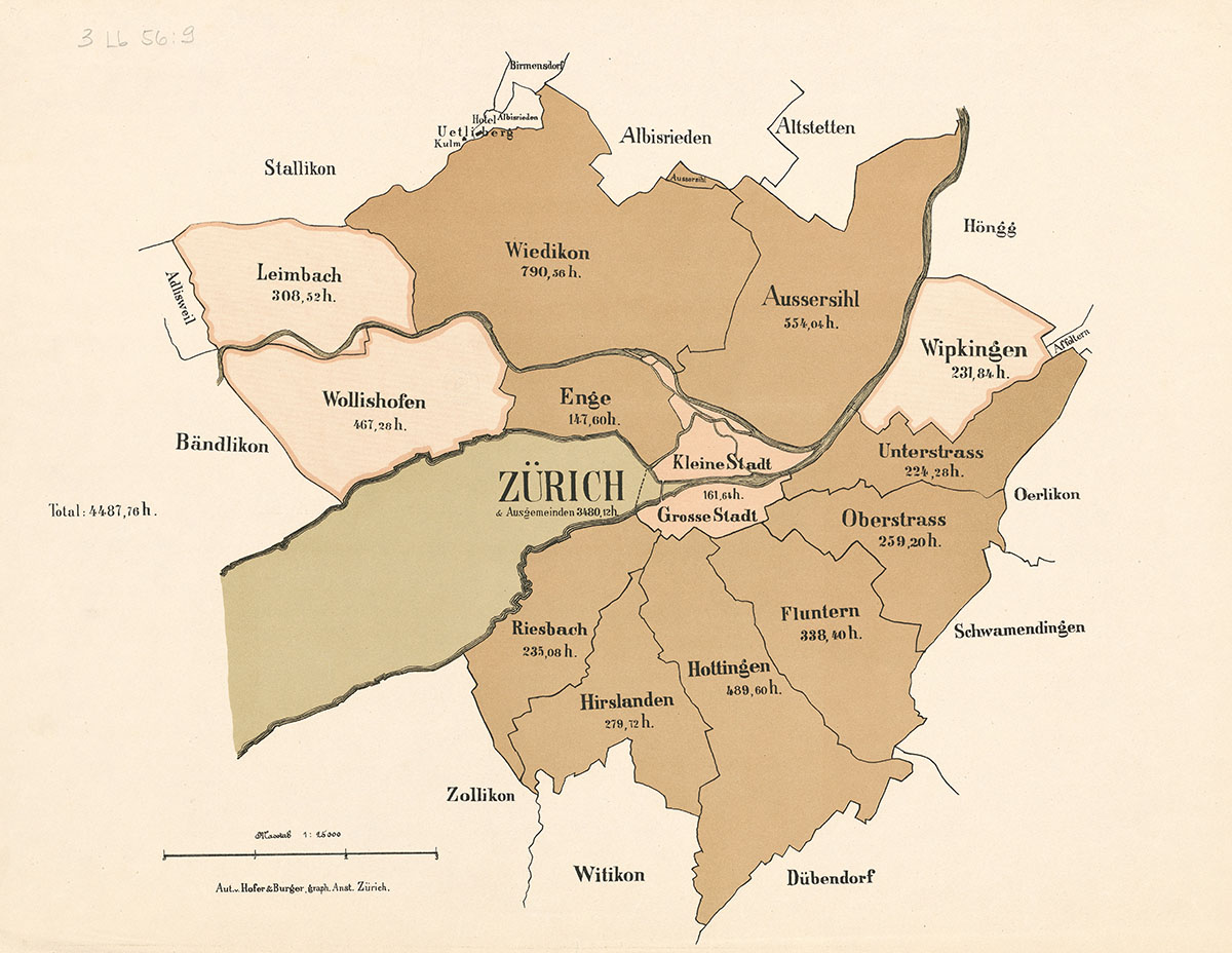 Zürich und die «Ausgemeinden» auf einer Karte, um 1860 (Bild: ZB Zürich)