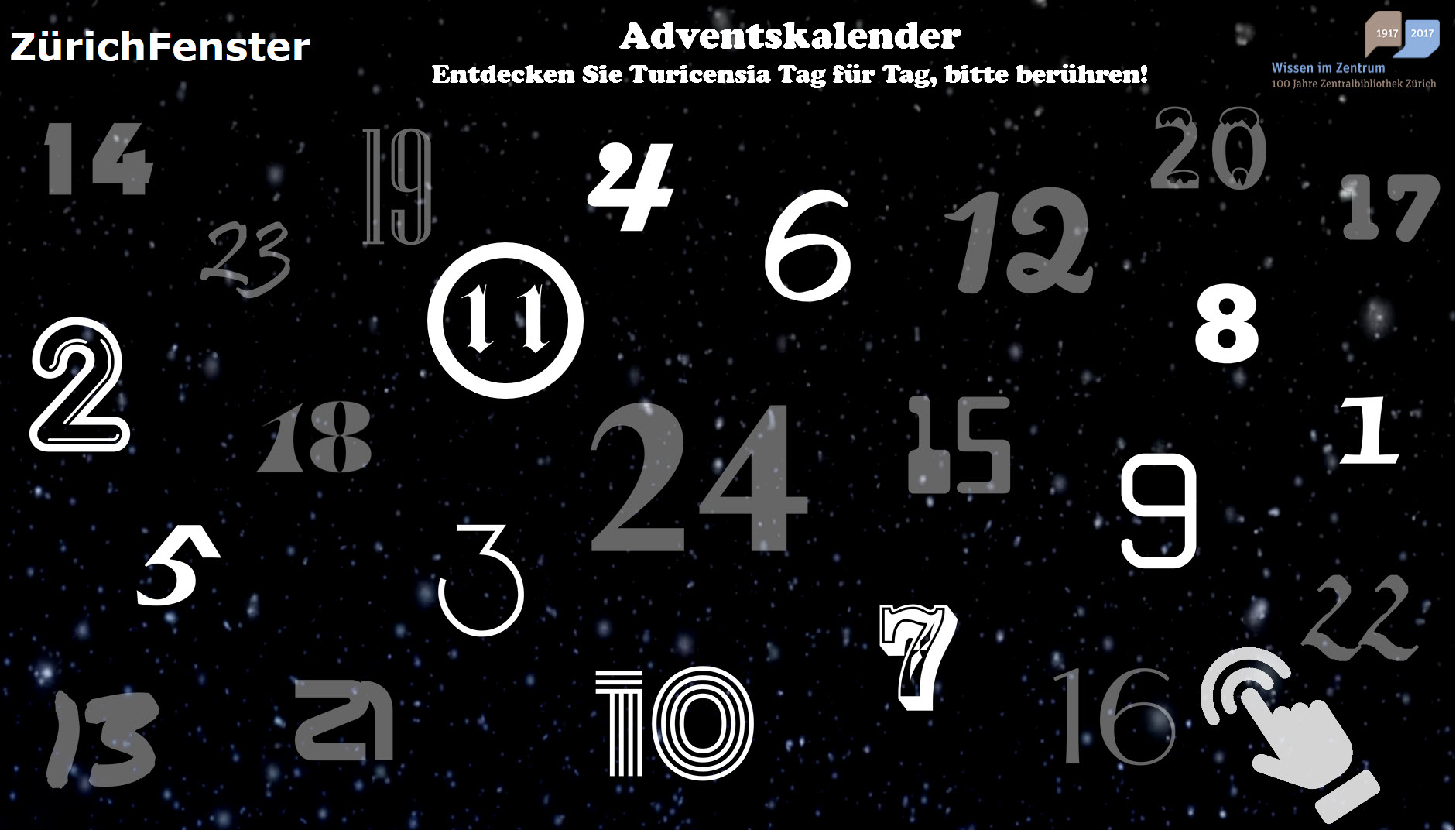 ZürichFenster, Adventszeit, Startseite des interaktiven Adventskalenders in der Turicensia Lounge