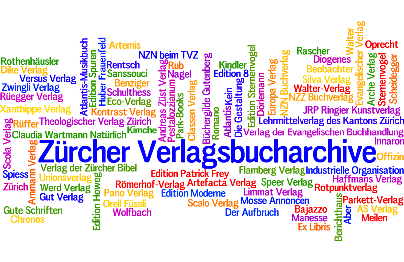ZürichFenster, Zürcher Verlagsbucharchive, Wortwolke mit zahlreichen Verlagsnamen in Farbe