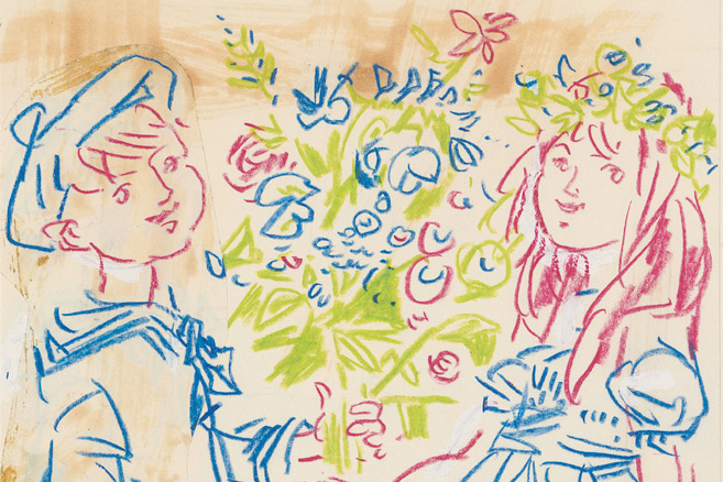 ZürichFenster, Hanny Fries, Ausschnitt einer Zeichnung von Hanny Fries für das Titelbild der Nummer 713 der Zeitschrift Schweizerisches Jugendschriftenwerk (SJW), Zürich 1960