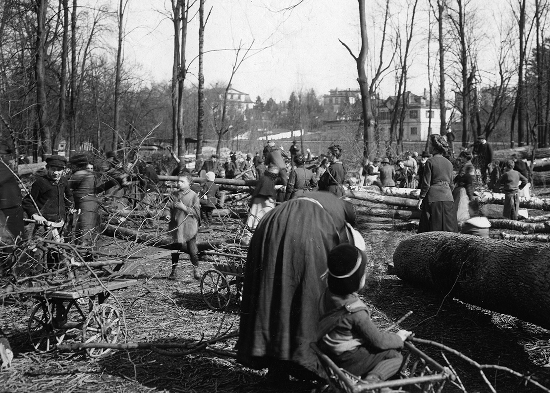 Frauen und Kinder sammeln Brennholz im Stadtpark Sihlhölzli