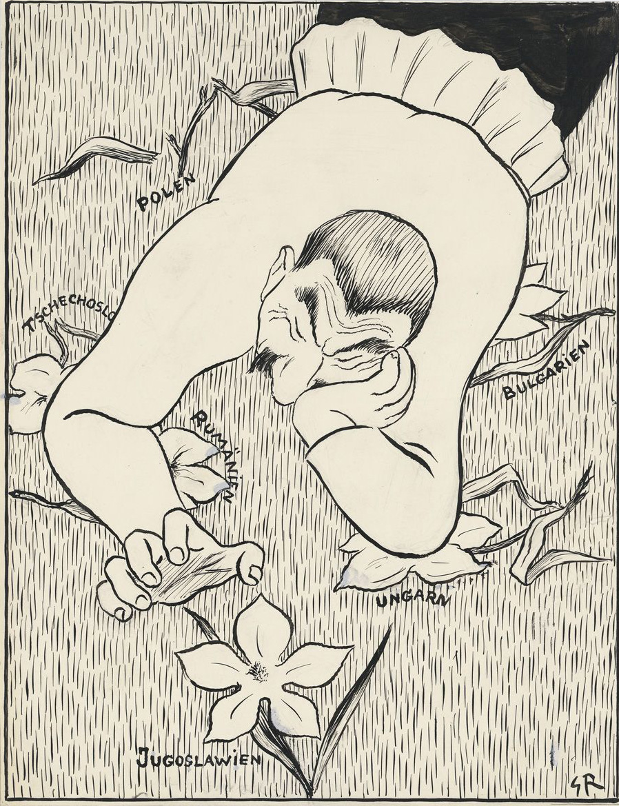 Gregor Rabinovitch, Karikatur auf die Angriffe Stalins auf osteuropäische Länder für den Nebelspalter, 1949. Signatur: Rab K.9