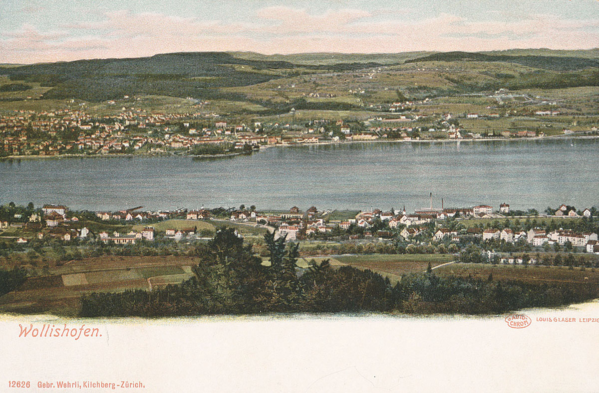 A picture postcard with Wollishofen in the foreground, around 1900